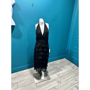 VTG Y2K Silk Babydoll Halter Tiered Ruffle Midi Dress 4 Black Whimsigoth